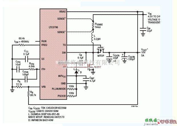 LTC3786高效10.5V非同步SEPIC转换器电路图  第1张