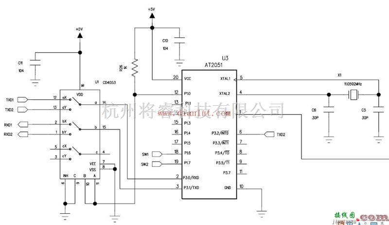 基础电路中的CD4053单片机串口复用电路原理图  第1张