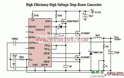 基础电路中的利用LTC3810-5设计的60V同步降压电源转换应用电路  第2张