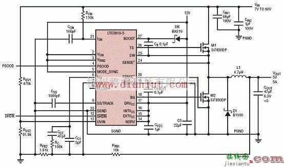 基础电路中的利用LTC3810-5设计的60V同步降压电源转换应用电路  第4张