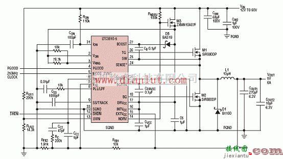 基础电路中的利用LTC3810-5设计的60V同步降压电源转换应用电路  第3张