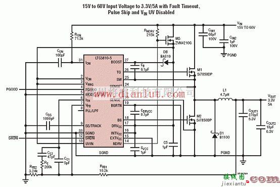 基础电路中的利用LTC3810-5设计的60V同步降压电源转换应用电路  第5张