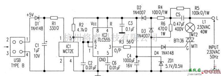 基础电路中的USB接口台灯电路原理图  第1张