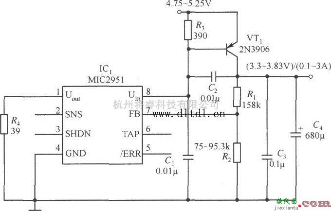 电源电路中的基于MIC2951和PNP型晶体管的扩流电路原理图  第1张
