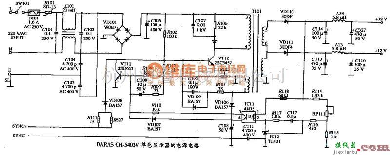 电源电路中的用于DARAS CH-5403V型单色显示器的电源电路  第1张