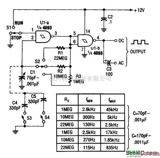 基础电路中的4093 CMOS可变频率振荡器电路  第1张