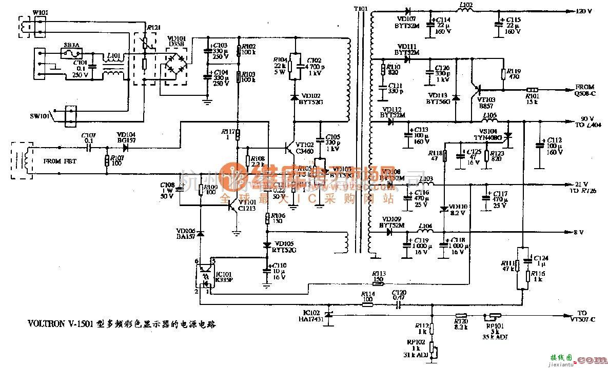 电源电路中的彩色显示器高性能稳压电源电路  第1张