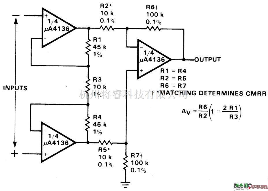 线性放大电路中的共模抑制高的差分输入测量放大器  第1张