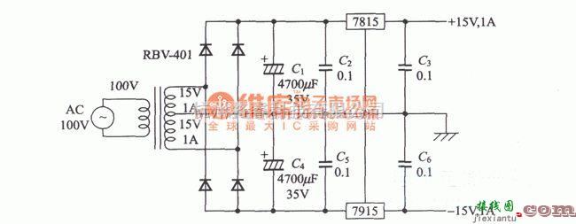 基础电路中的基于LM7815的双性稳压电源电路  第1张