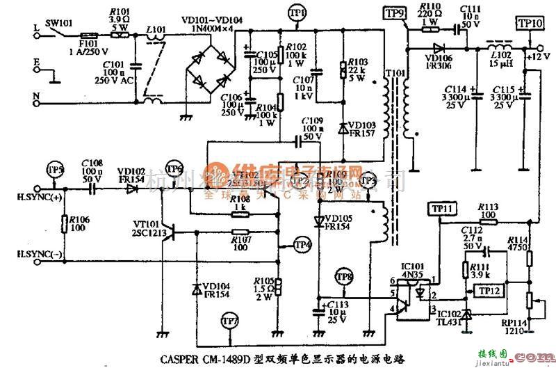 电源电路中的基于CASPER CM-1489型双频单色显示器的电路图  第1张