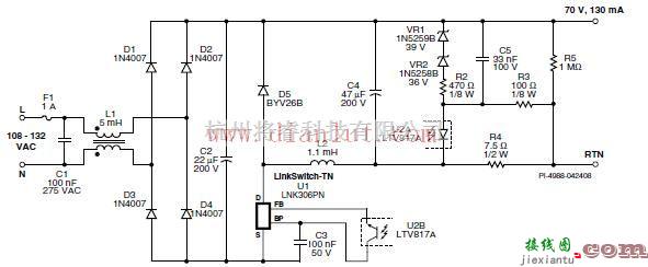 电源电路中的90~132VAC输入，9W/70V/130mA输出降压式转换器电路图  第1张