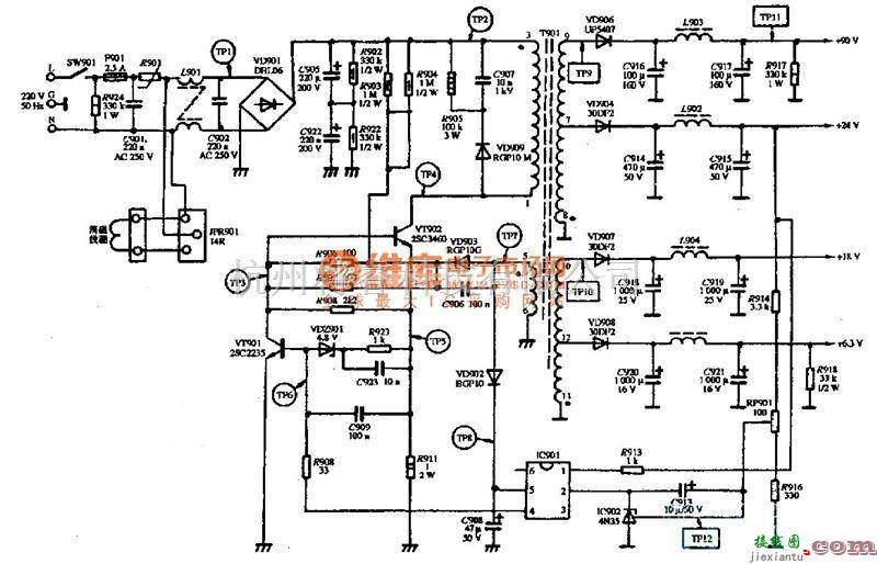 电源电路中的SAMPO KOS-1429型彩色显示器电源电路图  第1张