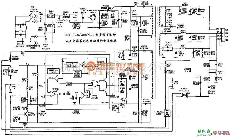 电源电路中的采用基本元件设计多频TTL和VGA大屏幕彩色显示器电路  第1张