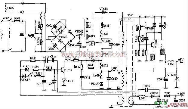 电源电路中的飞利浦彩色电视机开关电源电路原理图  第1张