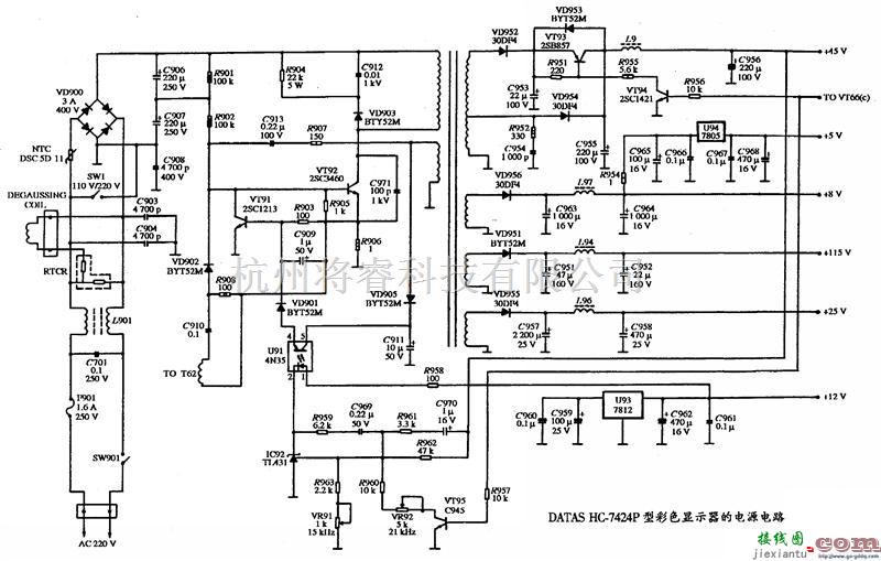 电源电路中的DATAS HC-7424P型彩色显示器电源电路图  第1张