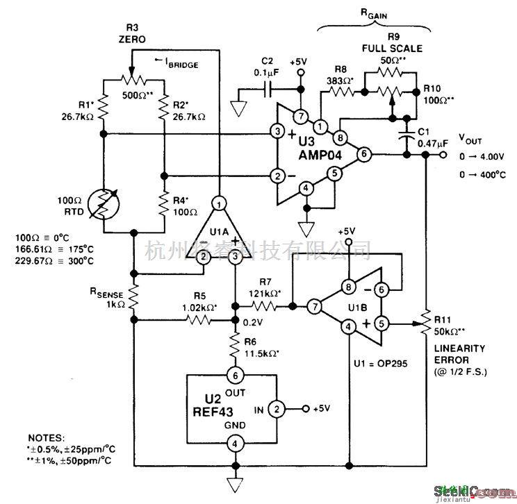 线性放大电路中的正5伏精密热电阻放大电路  第1张