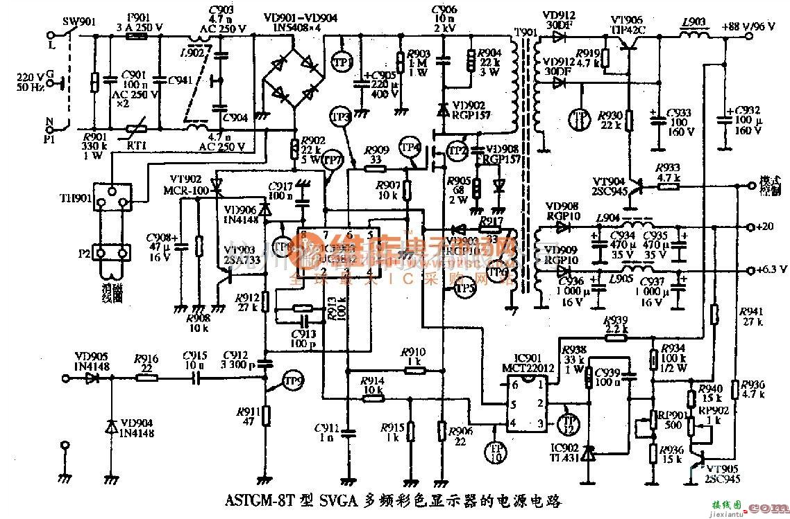 电源电路中的ASTGM-8T型SVGA多频彩色显示器电源电路图  第1张