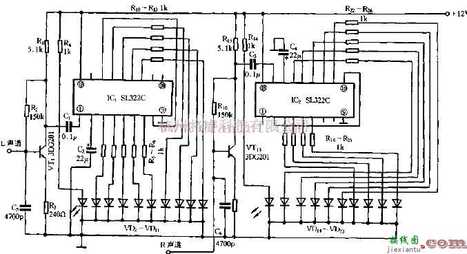 电源电路中的SL322C构成的立体声电平显示电路图  第1张