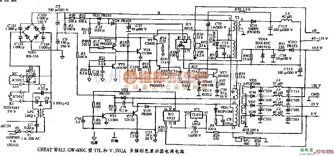 电源电路中的GREAT WALL GW-600C型TTL和V、SVGA多频彩色显示器  第1张