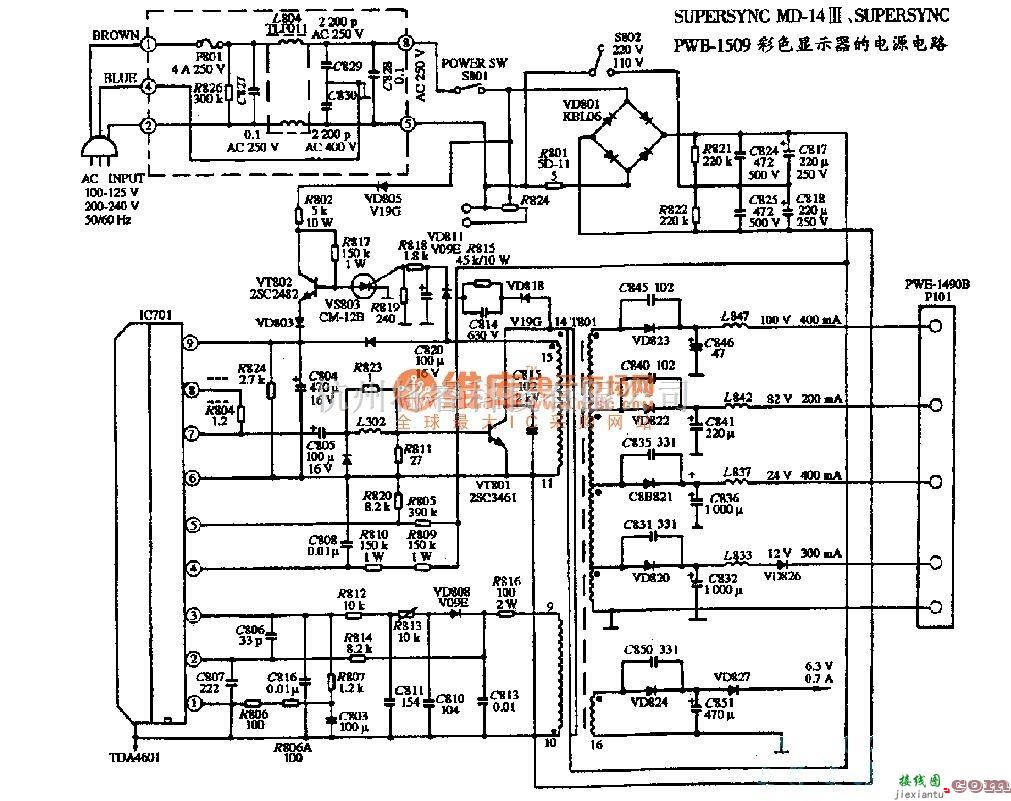 电源电路中的SUPERSYNC MD-14III与PWB-1509彩色显示器的电路  第1张