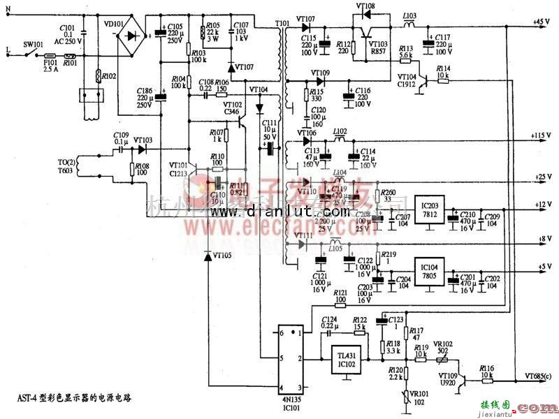 电源电路中的AST-4型彩色显示器电源电路原理图  第1张