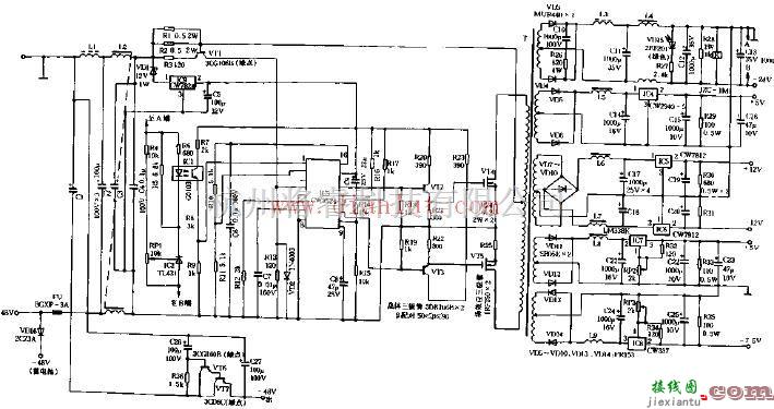 电源电路中的将-48V电流转换成七种低压电源电路图  第1张