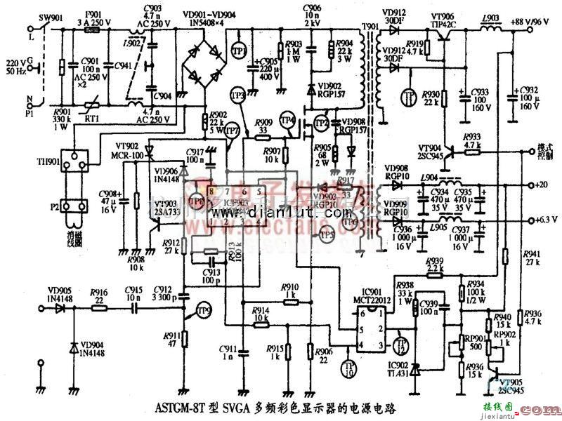 电源电路中的AST GM-8T型SVGA彩色显示器电源电路原理图  第1张