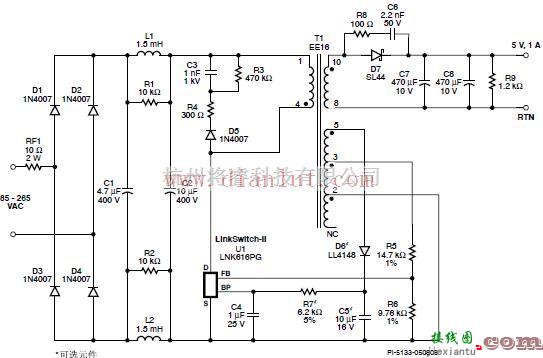 电源电路中的介绍输出为5W, 5V, 1A的85–265 VAC输入反激式电源  第1张