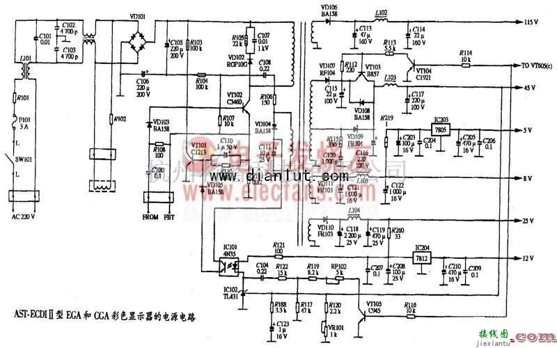 电源电路中的AST ECDI-II型EGA和CGA彩色显示器电源电路  第1张