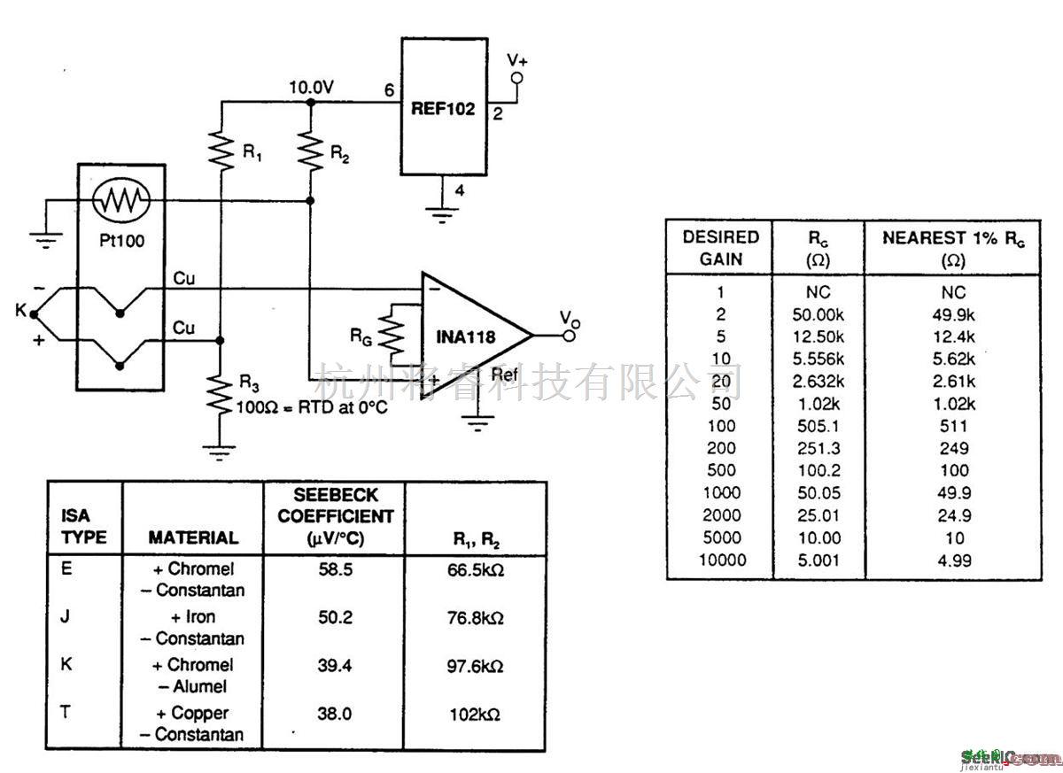 线性放大电路中的冷接点补偿的热电偶放大器电路  第1张