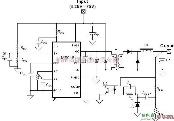 电源电路中的LM5015双隔离开关稳压比较器电路原理图  第1张