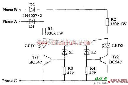 电源电路中的采用三相交流电的相序指示电路  第1张