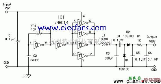 电源电路中的采用振荡器74HC14的升压5V至30V电路  第1张