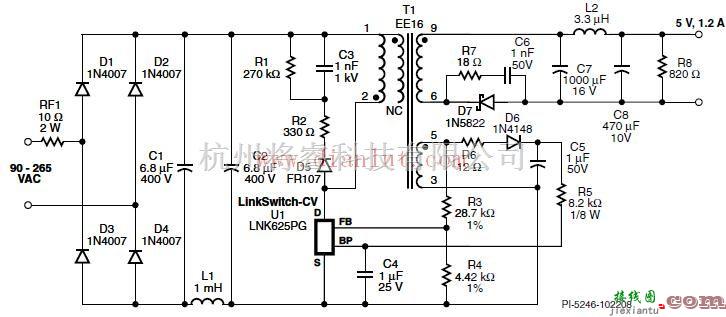 电源电路中的6W/5V/1.2A,90–265 VAC输入反激式电源电路原理图  第1张