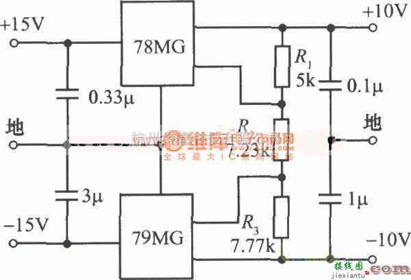 电源电路中的±10V跟踪式稳压电路图  第1张