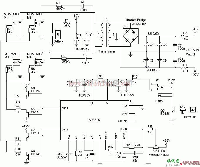 电源电路中的基于12转正负35V汽车音响逆变电源电路图  第1张