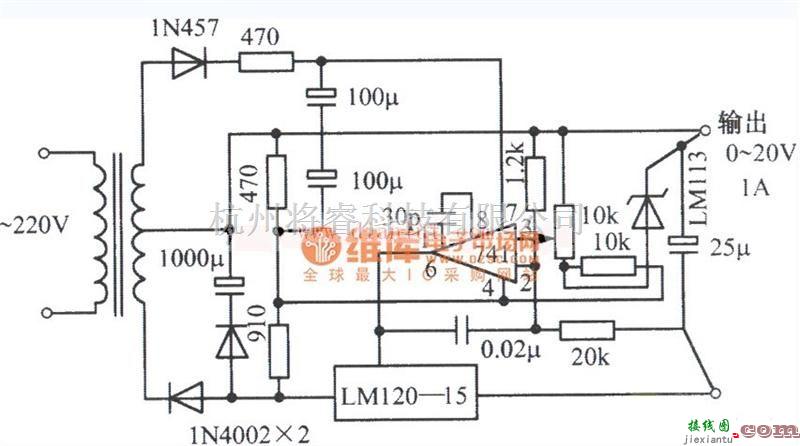 电源电路中的由LM120-15,齐纳二极管LM741构成的0～20V、1A可调稳压电源电路  第1张