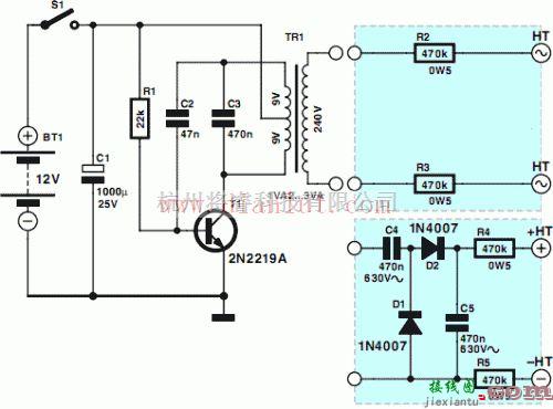 电源电路中的迷你高压发生器电路原理图  第1张