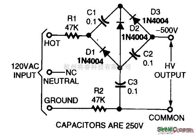 电源电路中的用于氡监测器电离室的电压三倍器电路图  第1张