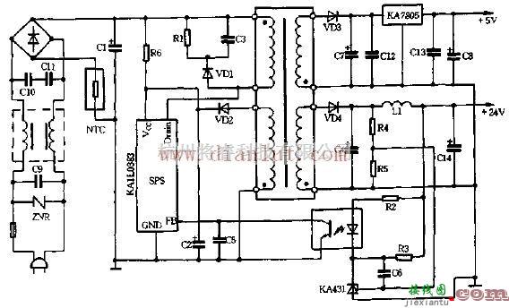 电源电路中的基于KA7805芯片制作30W反馈变压器开关电源电路  第1张