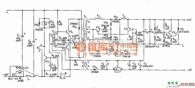 电源电路中的+5V/2.5A与-5V/0.3A稳压电路图  第1张