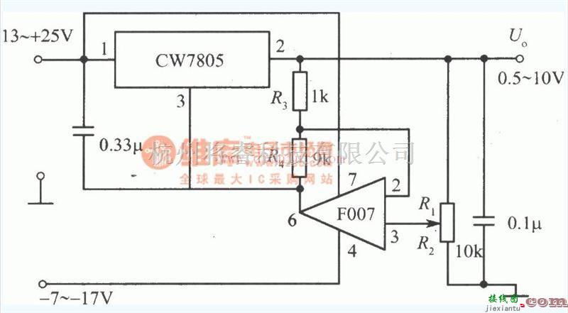 电源电路中的采用CW7805和F007构成的输出电压可调至0.5V的稳压电源  第1张