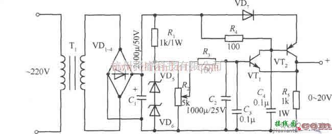 电源电路中的0～20v/1A可调稳压电源电路  第1张