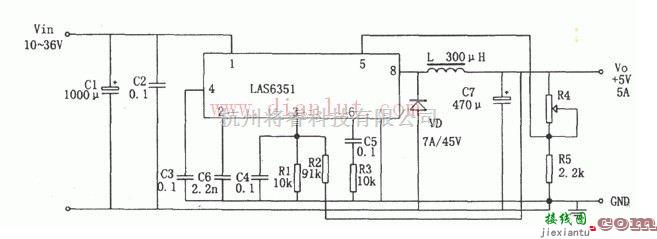 电源电路中的基于LAS6351大电流高效开关稳压源电路图  第1张