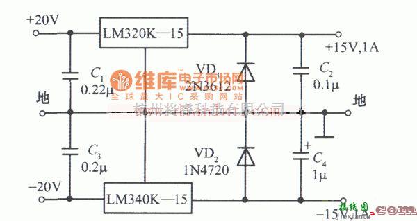 电源电路中的一种由LM340K-15组成的±15V/1A对称稳压电源电路图  第1张