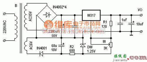 电源电路中的由Ｗ317构成的可以从零伏起调的稳压器电路  第1张