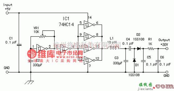 电源电路中的基于74HC14芯片设计+5V输入+30V输出的升压电路  第1张