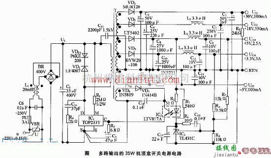 电源电路中的具有多路输出的35W机顶盒开关电源电路  第1张