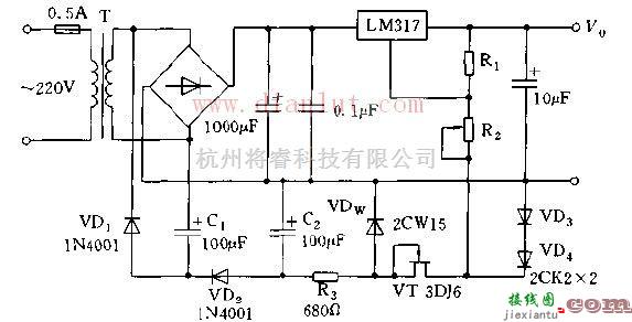 电源电路中的LM317组成的从0V起调稳压电源电路图  第1张