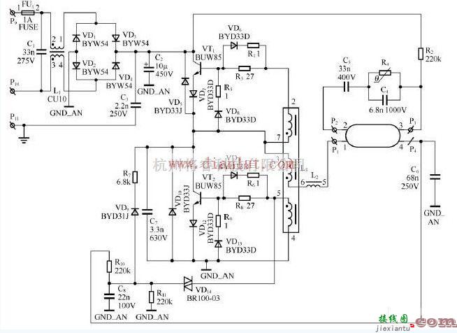 电源电路中的基于HF-TL荧光灯电子镇流器的电路  第1张